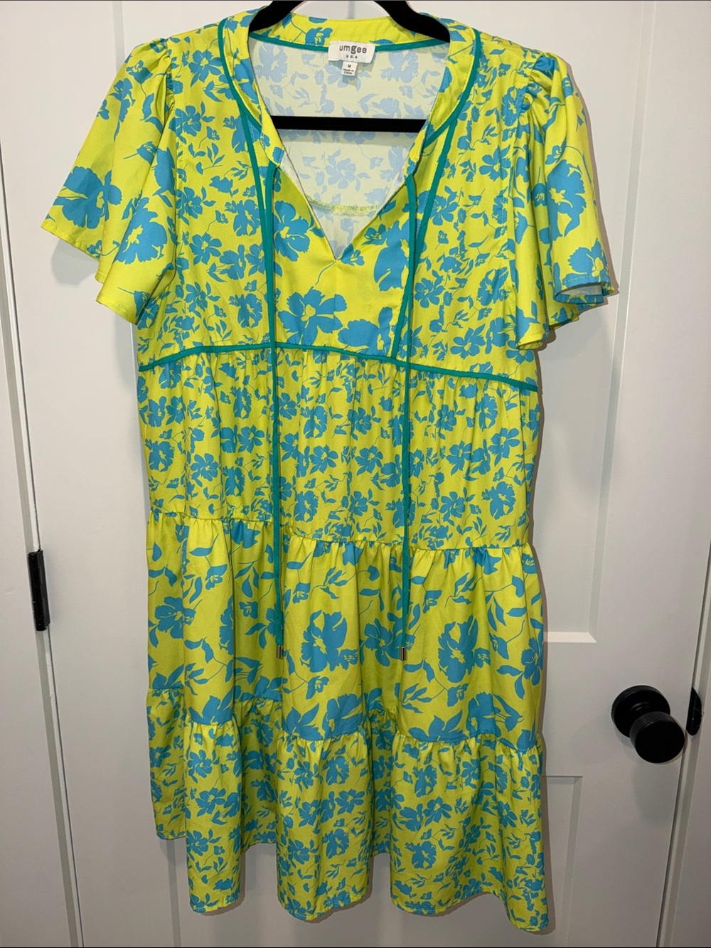 Umgee Neon Green and Blue Floral Flutter Sleeve Dress